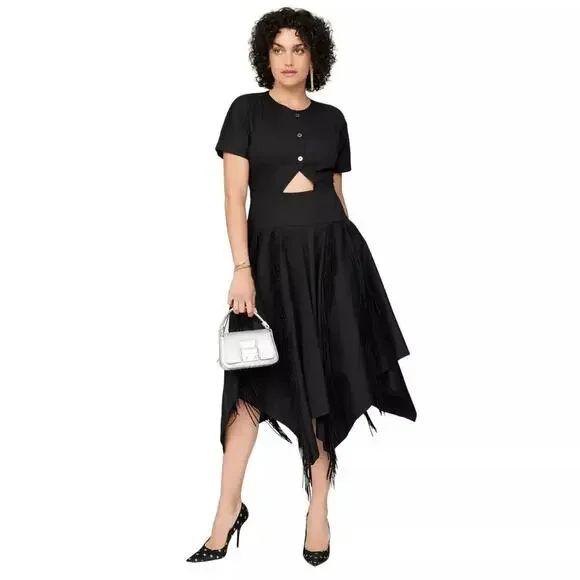 BIBHU MOHAPATRA Black Mid Cutout Fringe Detail Western Midi Dress size 8 - Picture 1 of 11
